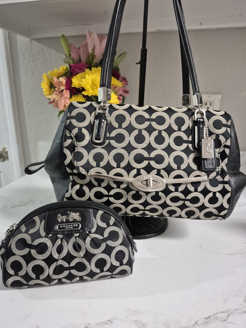 SOLD!!!Coach Madison Madeline East West Satchel Leather Trim canvas Pouch Set